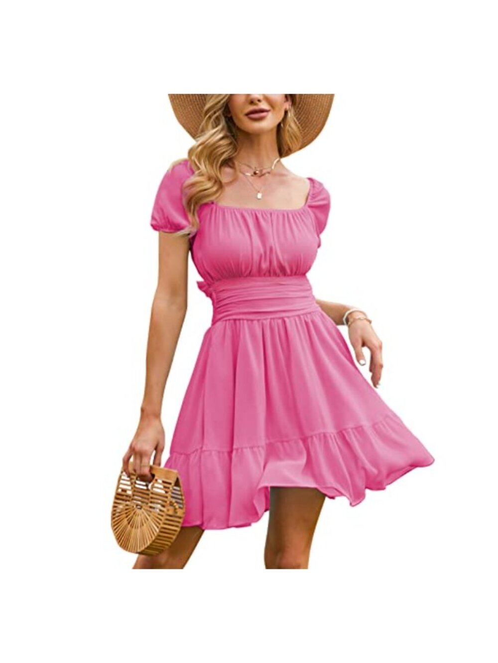 Women's Tie Back Square Neck Puff Sleeve A Line Chiffon Mini Dress